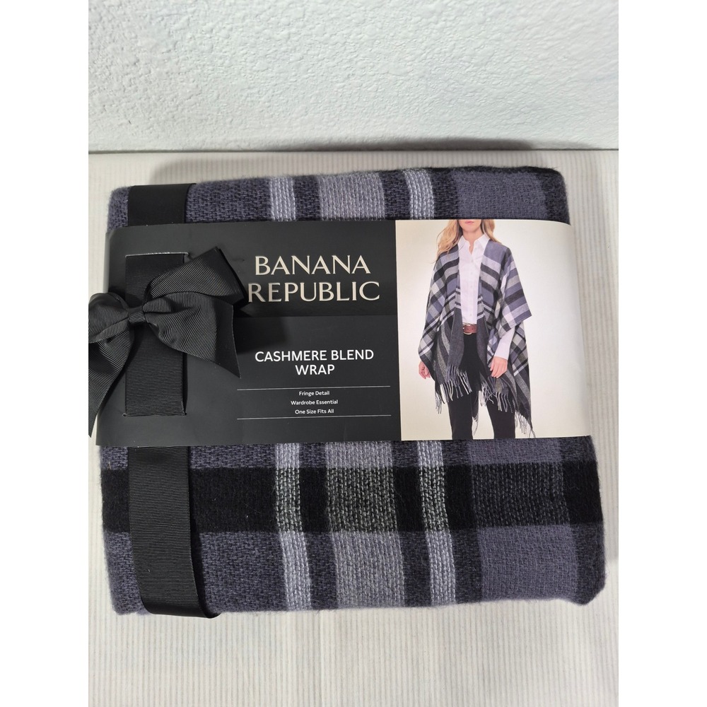 Banana Republic Cashmere Blend Wrap Gray Plaid Fringe Poncho NLM0304S